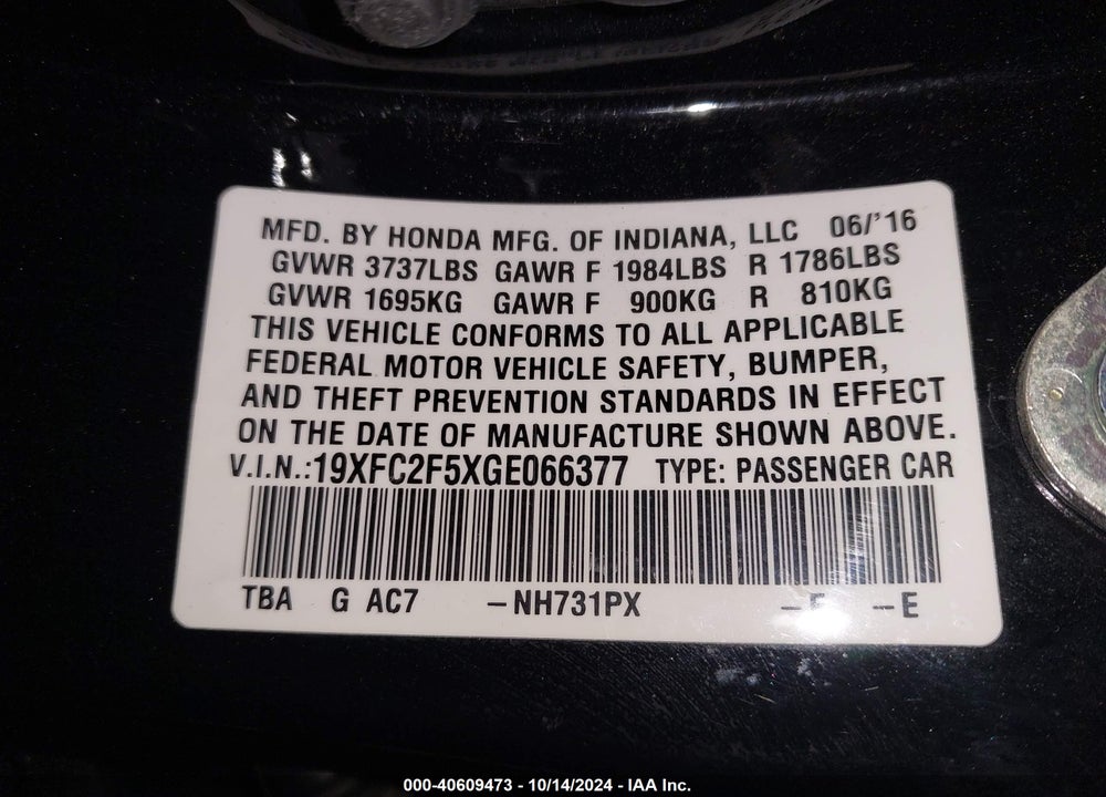 2016 HONDA CIVIC LX VIN: 19XFC2F5XGE066377