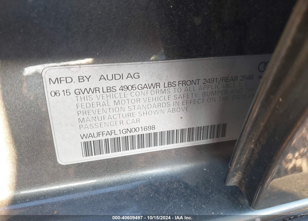 2016 AUDI A4 2.0T PREMIUM VIN: WAUFFAFL1GN001698