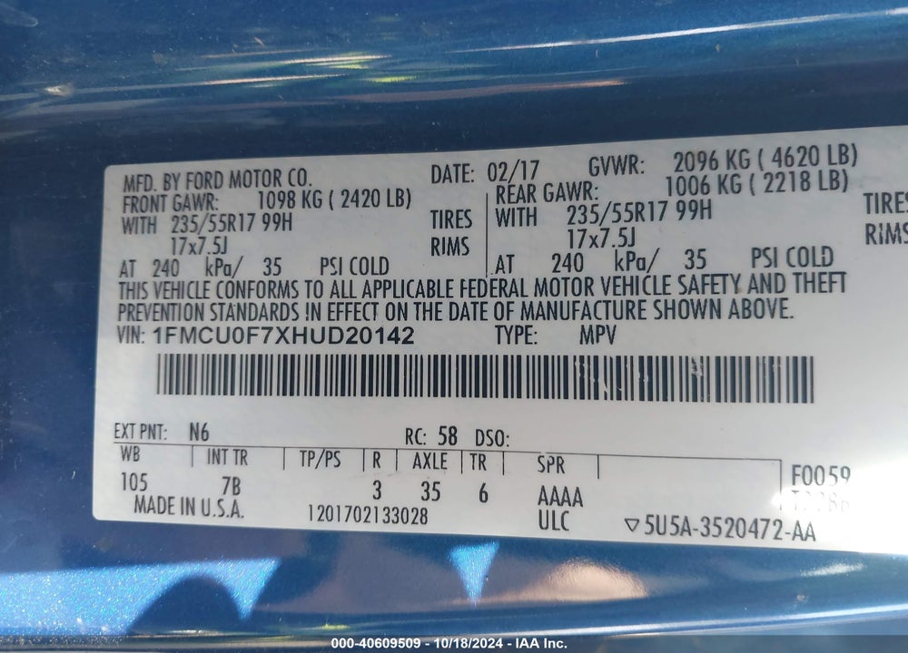 2017 FORD ESCAPE S VIN: 1FMCU0F7XHUD20142