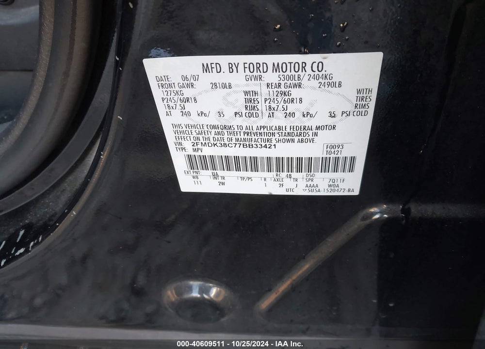 2007 FORD EDGE SEL VIN: 2FMDK38C77BB33421