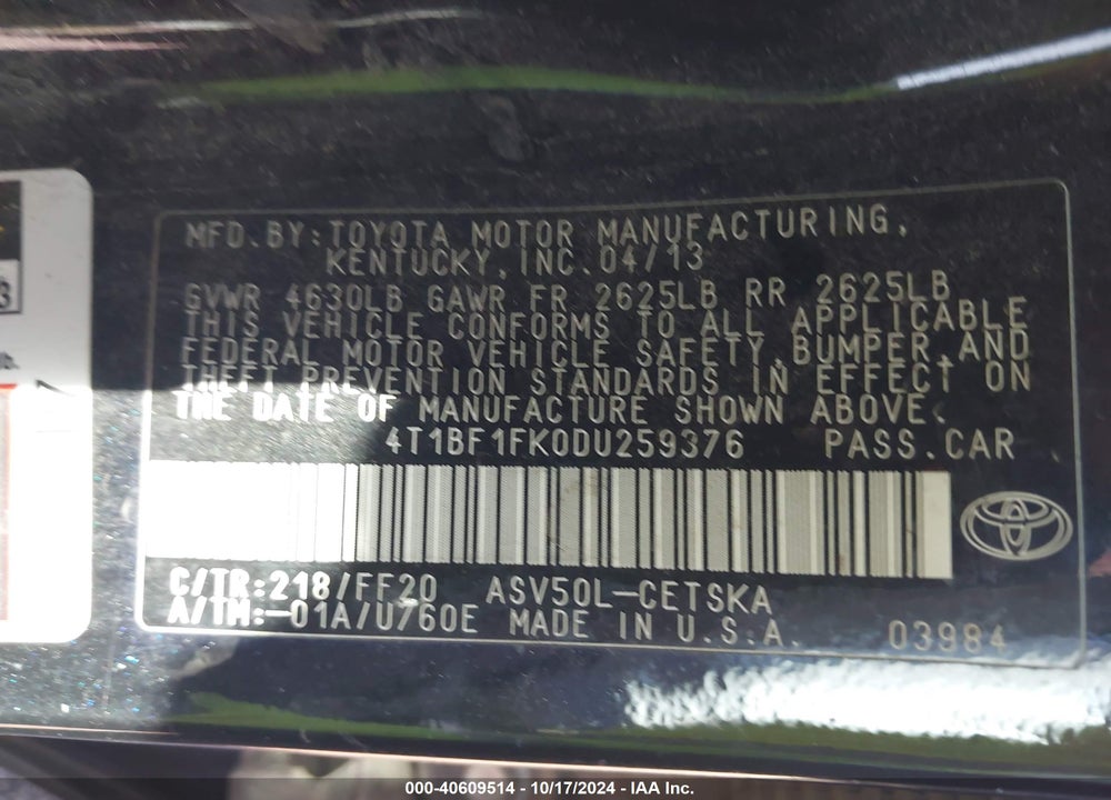 2013 TOYOTA CAMRY SE VIN: 4T1BF1FK0DU259376