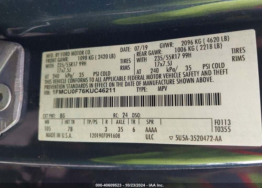 2019 FORD ESCAPE S VIN: 1FMCU0F76KUC46211