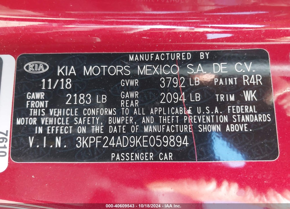 2019 KIA FORTE LXS VIN: 3KPF24AD9KE059894