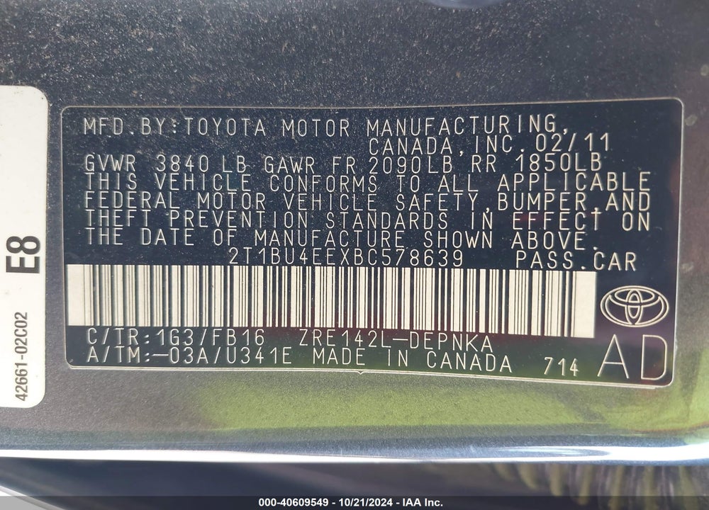 2011 TOYOTA COROLLA LE VIN: 2T1BU4EEXBC578639