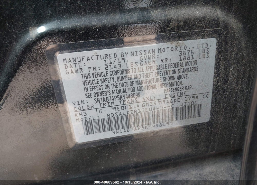 2019 NISSAN SENTRA SV VIN: 3N1AB7AP5KY448099