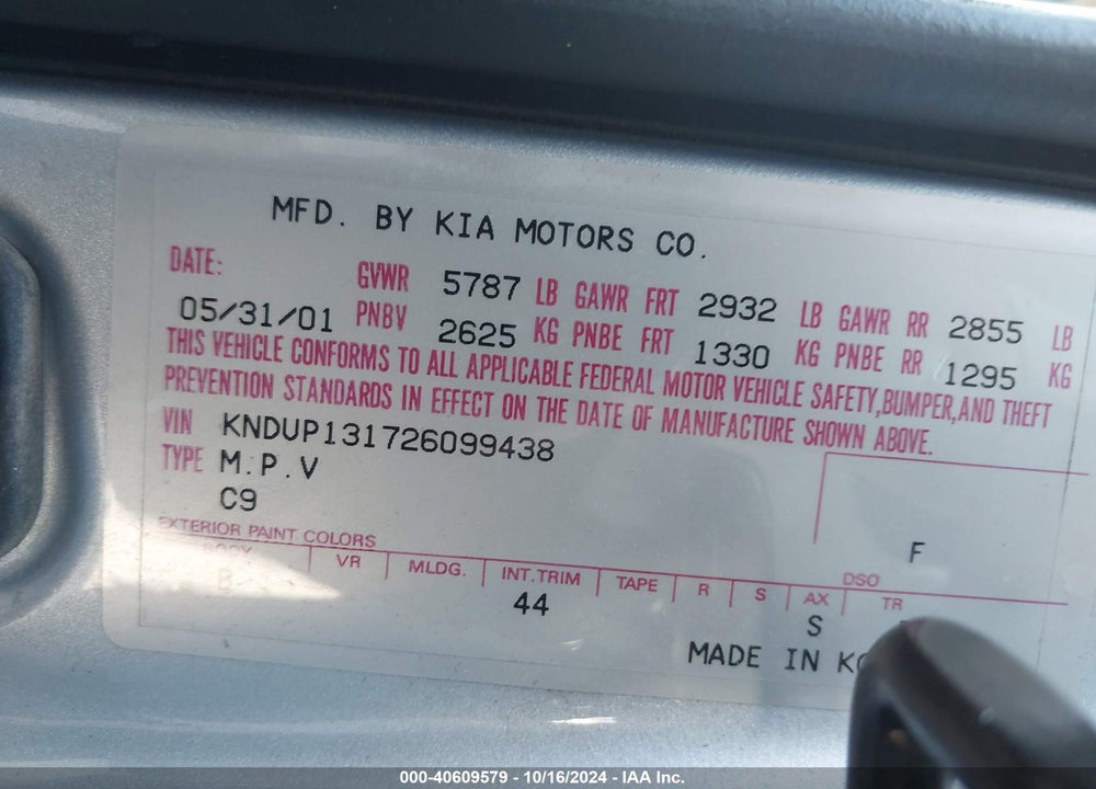2002 KIA SEDONA EX/LX VIN: KNDUP131726099438