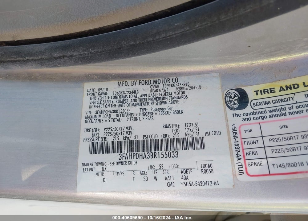 2011 FORD FUSION SE VIN: 3FAHP0HA3BR155033