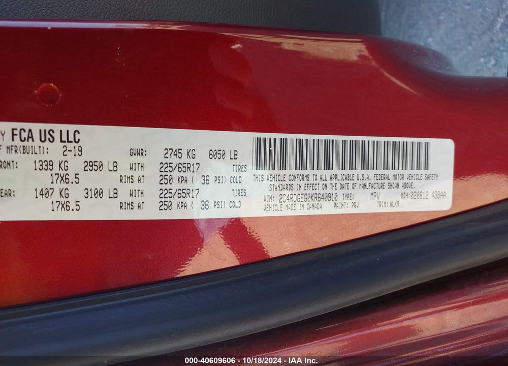 2019 DODGE GRAND CARAVAN GT VIN: 2C4RDGEG0KR640910