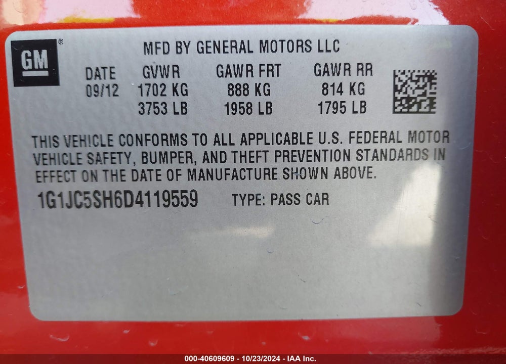 2013 CHEVROLET SONIC LT AUTO VIN: 1G1JC5SH6D4119559