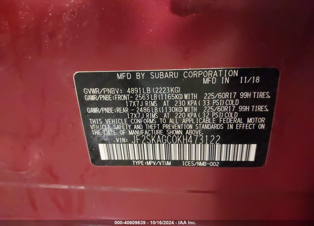 2019 SUBARU FORESTER PREMIUM VIN: JF2SKAGC0KH473122