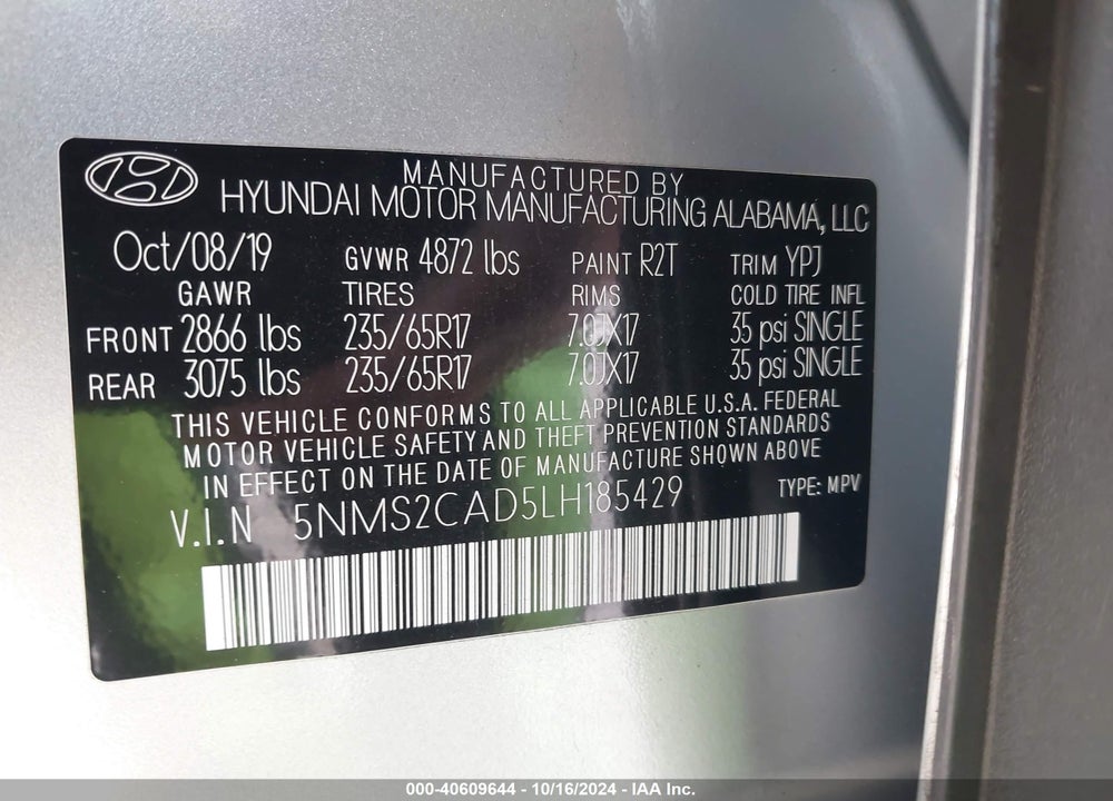 2020 HYUNDAI SANTA FE SE VIN: 5NMS2CAD5LH185429