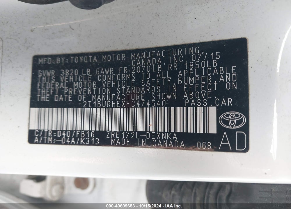2015 TOYOTA COROLLA LE VIN: 2T1BURHEXFC474540
