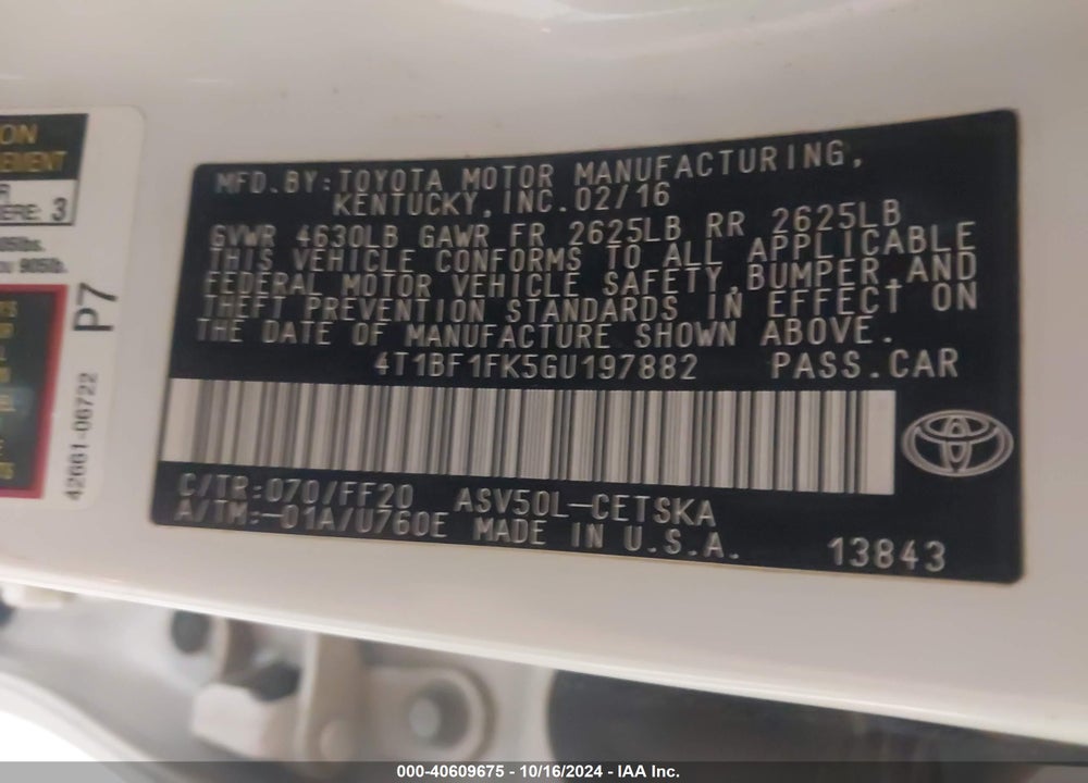 2016 TOYOTA CAMRY SE VIN: 4T1BF1FK5GU197882