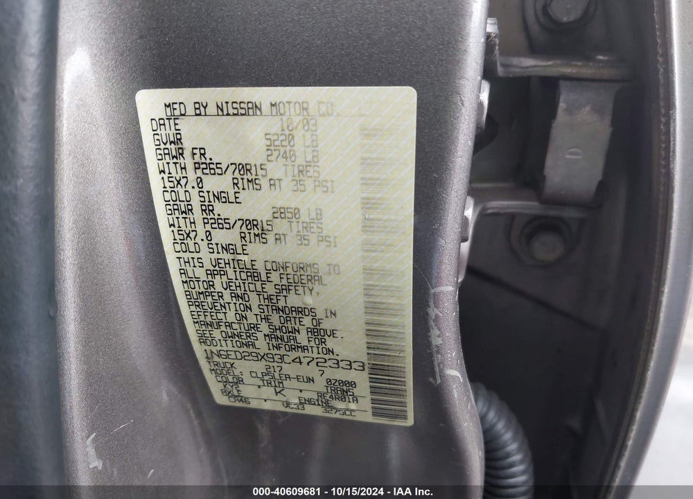 2003 NISSAN FRONTIER XE-V6 VIN: 1N6ED29X93C472333