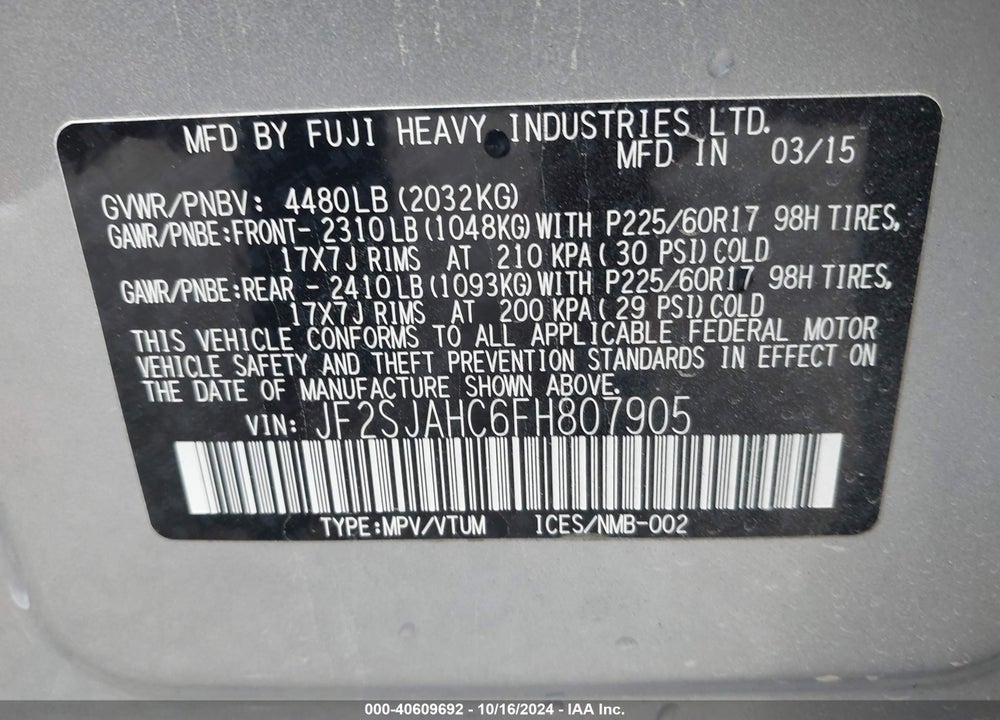 2015 SUBARU FORESTER 2.5I LIMITED VIN: JF2SJAHC6FH807905