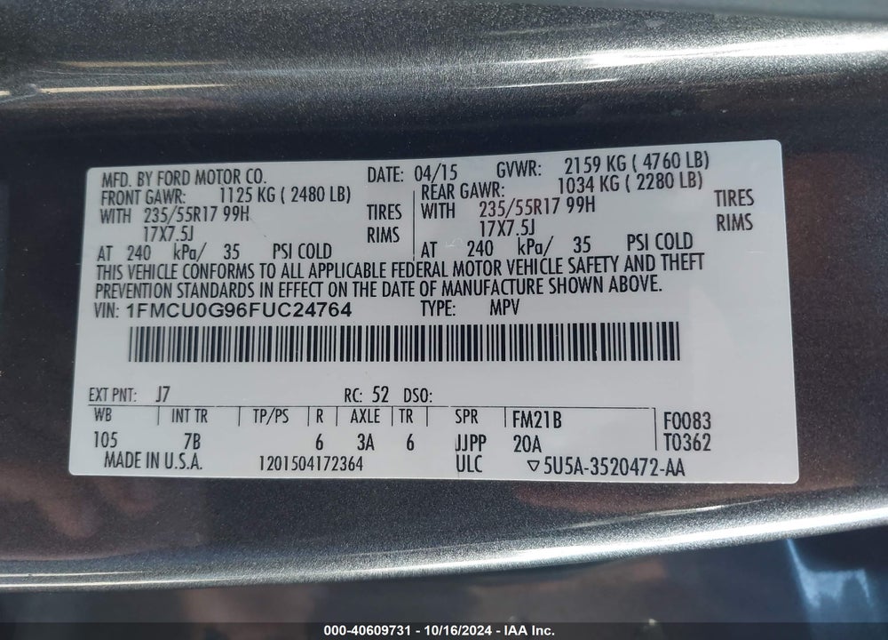 2015 FORD ESCAPE SE VIN: 1FMCU0G96FUC24764