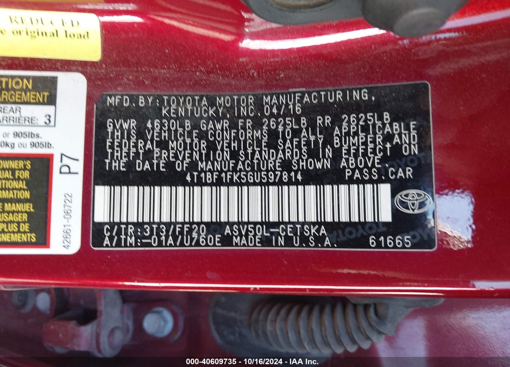 2016 TOYOTA CAMRY SE VIN: 4T1BF1FK5GU597814