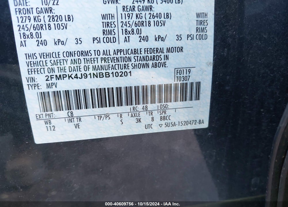 2022 FORD EDGE SEL VIN: 2FMPK4J91NBB10201