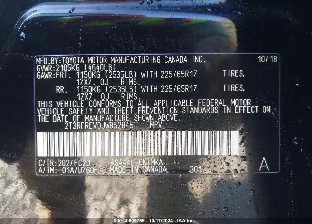 2018 TOYOTA RAV4 XLE VIN: 2T3RFREV0JW852845