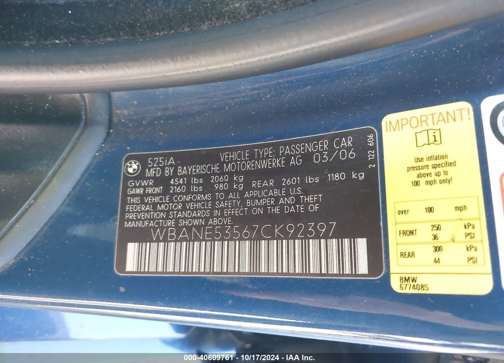 2007 BMW 525I VIN: WBANE53567CK92397