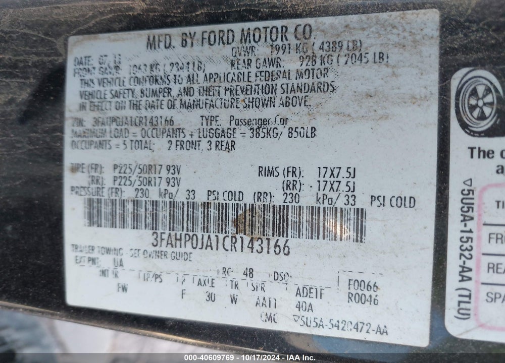 2012 FORD FUSION SEL VIN: 3FAHP0JA1CR143166