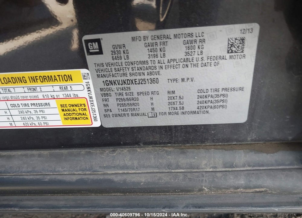 2014 CHEVROLET TRAVERSE LTZ VIN: 1GNKVJKDXEJ251360