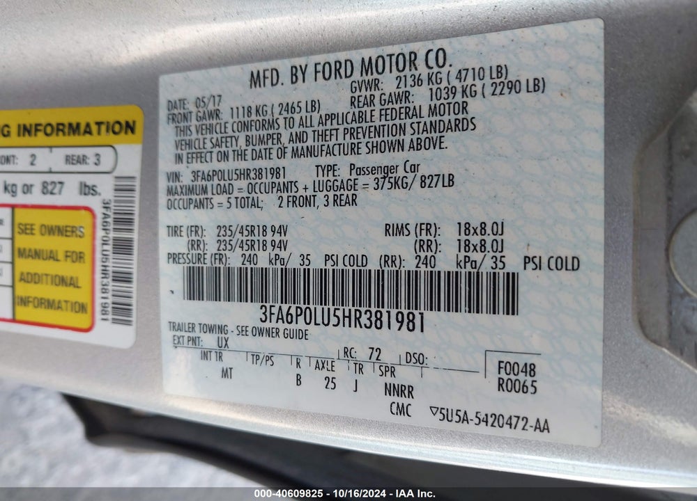 2017 FORD FUSION HYBRID SE VIN: 3FA6P0LU5HR381981