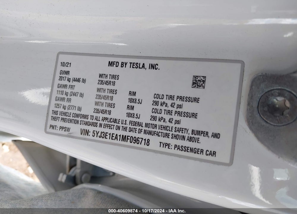 2021 TESLA MODEL 3 STANDARD RANGE PLUS REAR-WHEEL DRIVE VIN: 5YJ3E1EA1MF096718