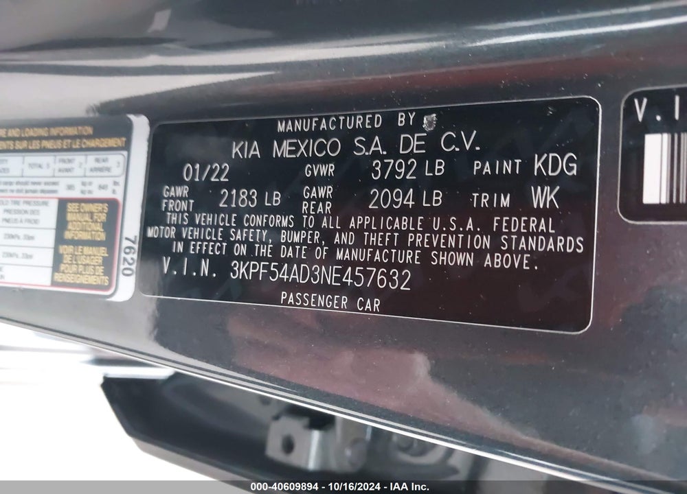 2022 KIA FORTE GT LINE VIN: 3KPF54AD3NE457632