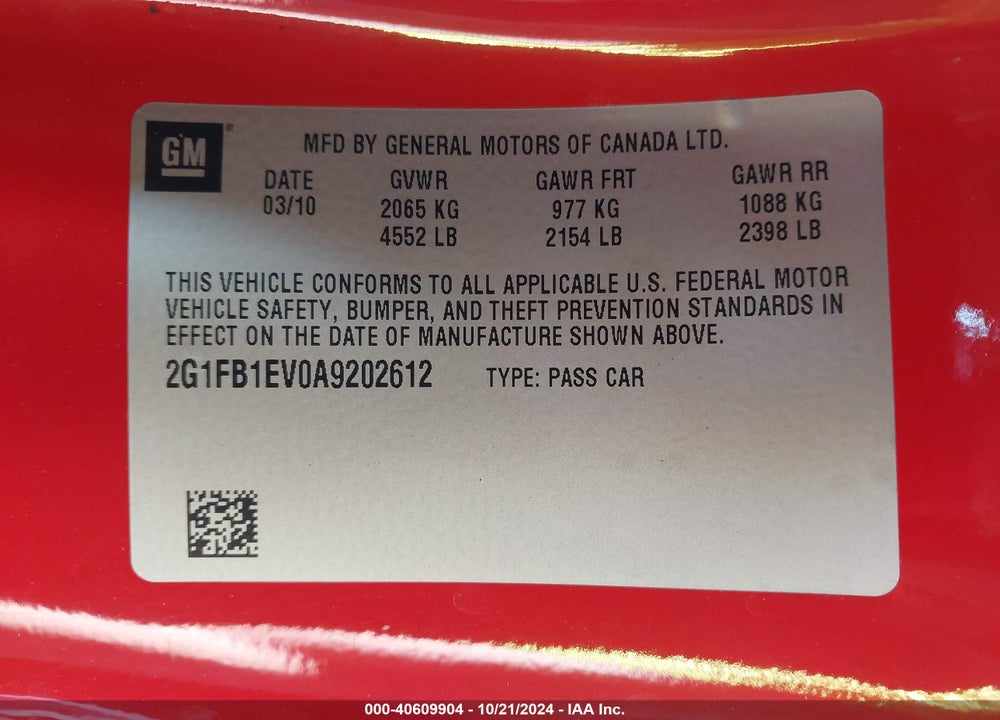 2010 CHEVROLET CAMARO VIN: 2G1FB1EV0A9202612