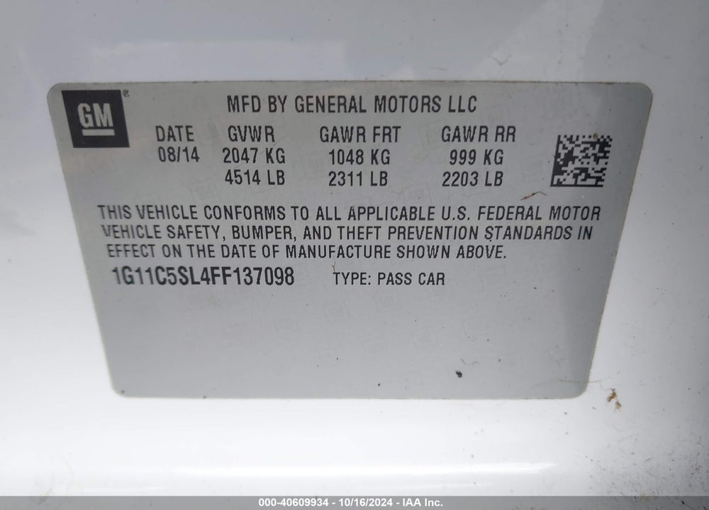 2015 CHEVROLET MALIBU 1LT VIN: 1G11C5SL4FF137098