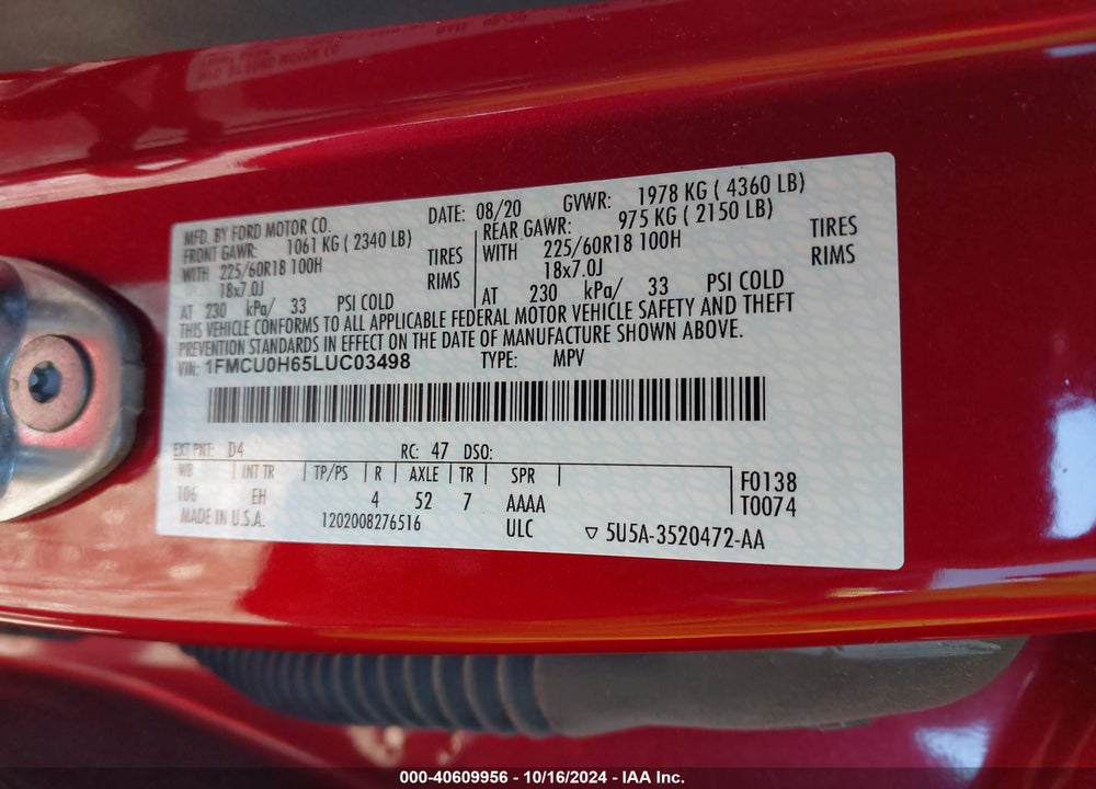 2020 FORD ESCAPE SEL VIN: 1FMCU0H65LUC03498