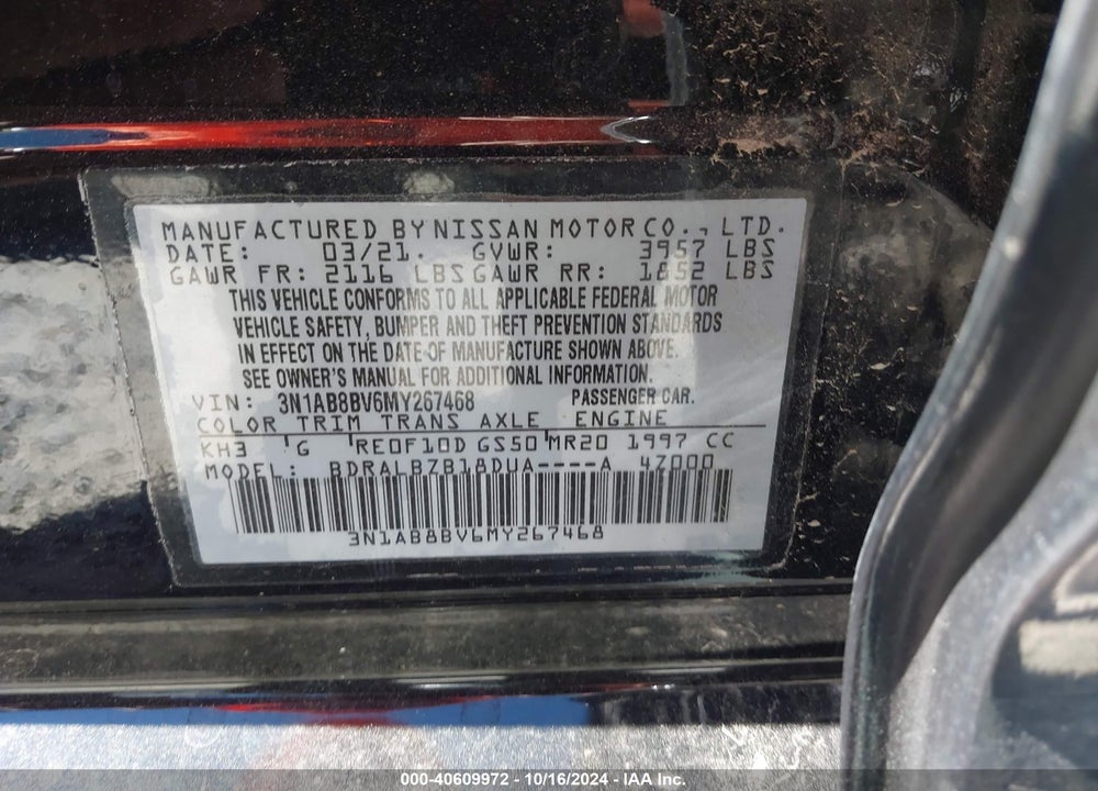 2021 NISSAN SENTRA S XTRONIC CVT VIN: 3N1AB8BV6MY267468