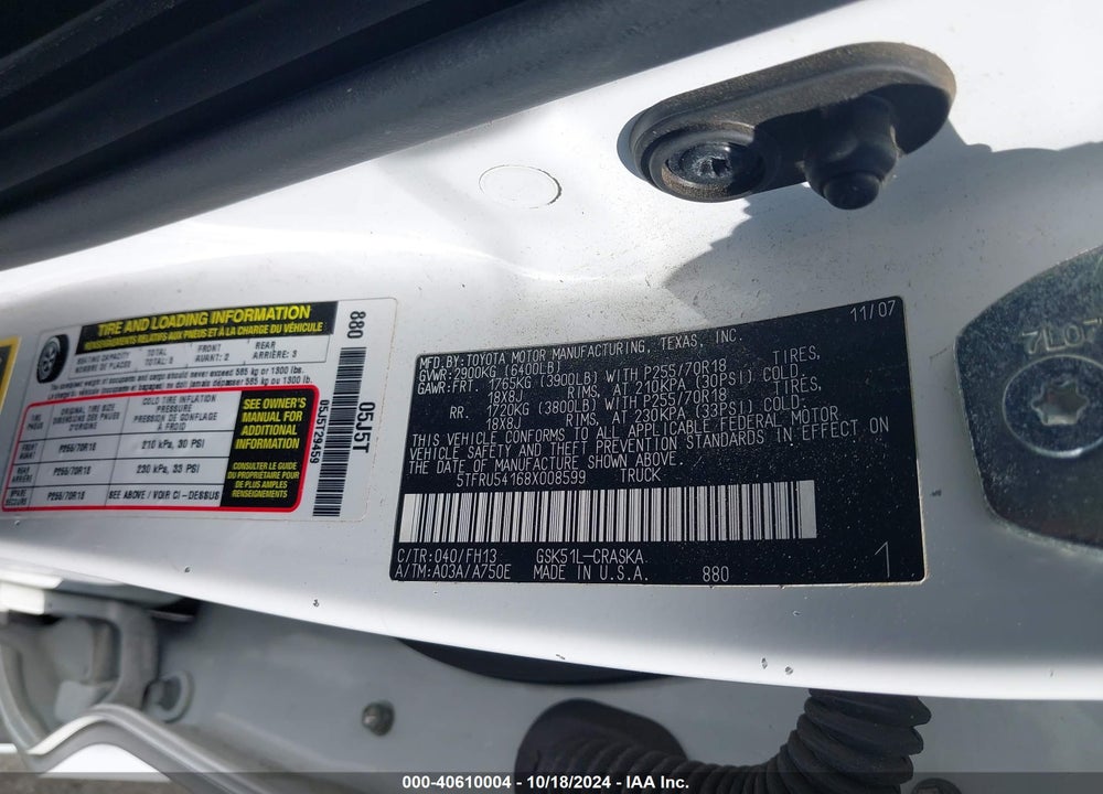 2008 TOYOTA TUNDRA SR5 V6 VIN: 5TFRU54168X008599