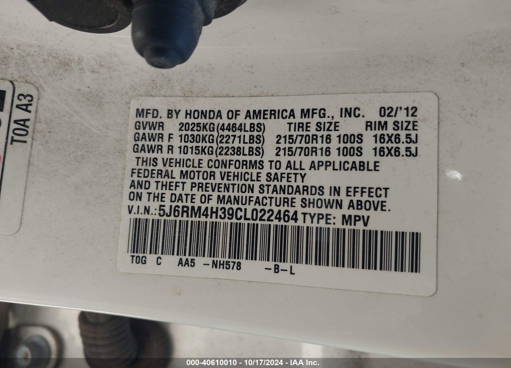 2012 HONDA CR-V LX VIN: 5J6RM4H39CL022464