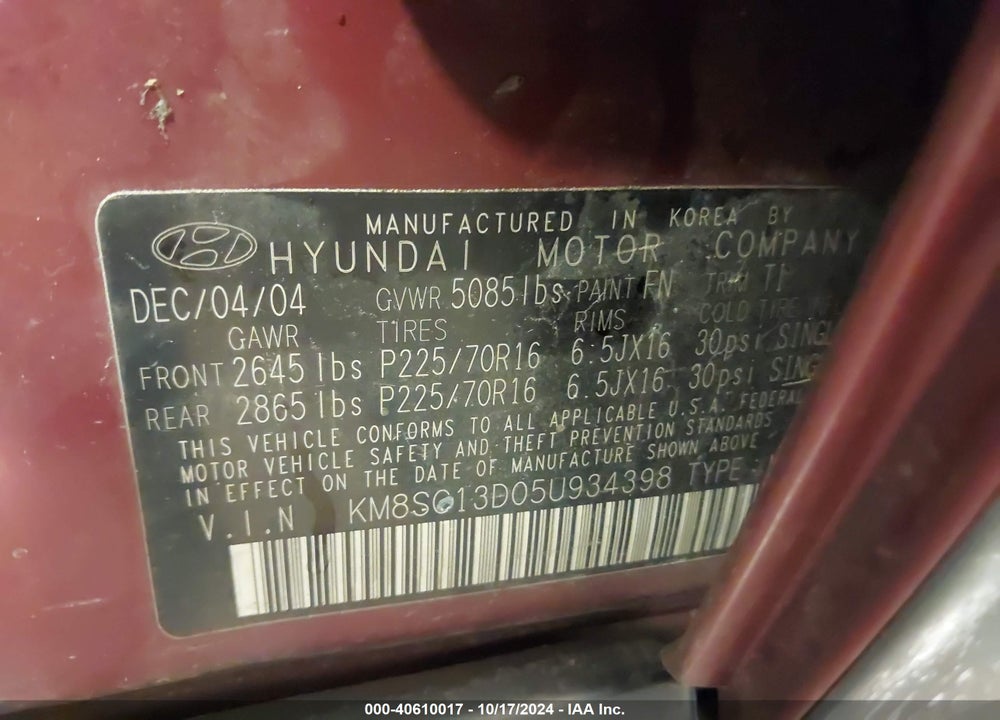 2005 HYUNDAI SANTA FE GLS VIN: KM8SC13D05U934398