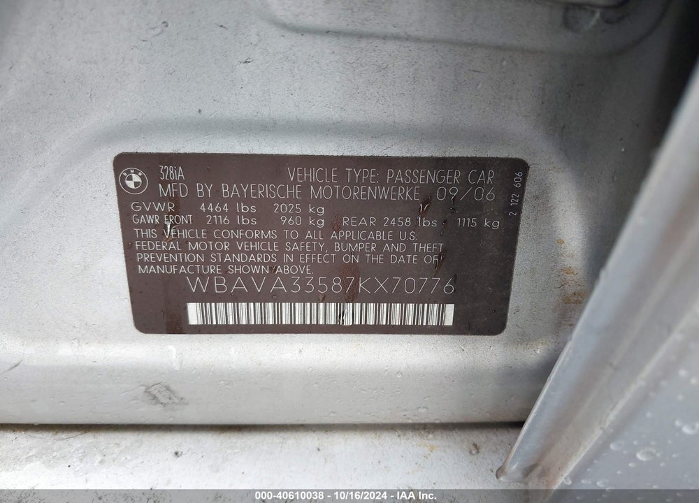 2007 BMW 328I VIN: WBAVA33587KX70776