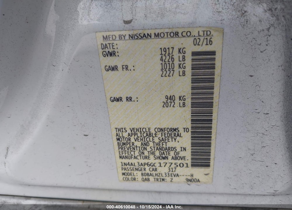 2016 NISSAN ALTIMA 2.5 SR VIN: 1N4AL3AP6GC177501