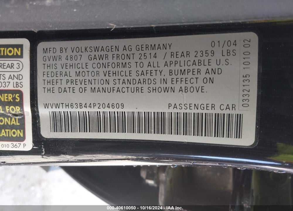 2004 VOLKSWAGEN PASSAT GLX VIN: WVWTH63B44P204609