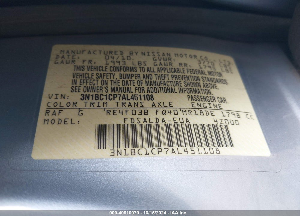 2010 NISSAN VERSA 1.8S VIN: 3N1BC1CP7AL451108