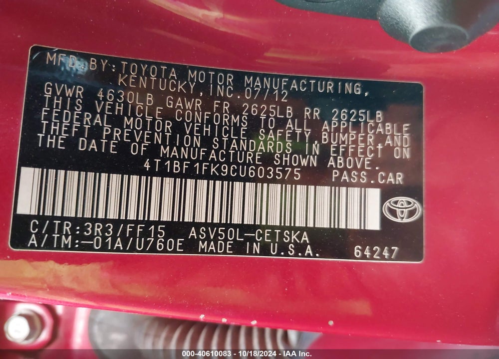2012 TOYOTA CAMRY SE VIN: 4T1BF1FK9CU603575