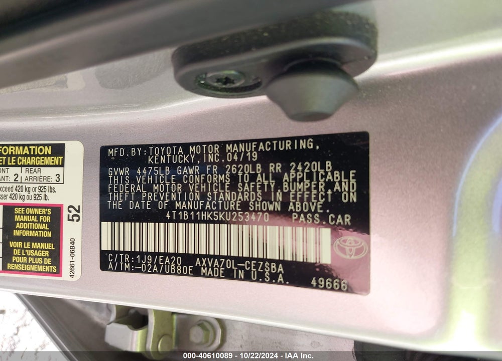 2019 TOYOTA CAMRY SE VIN: 4T1B11HK5KU253470