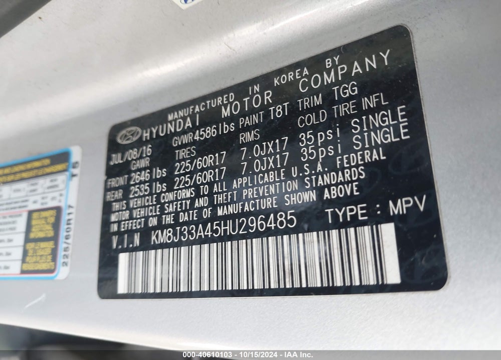 2017 HYUNDAI TUCSON SE VIN: KM8J33A45HU296485