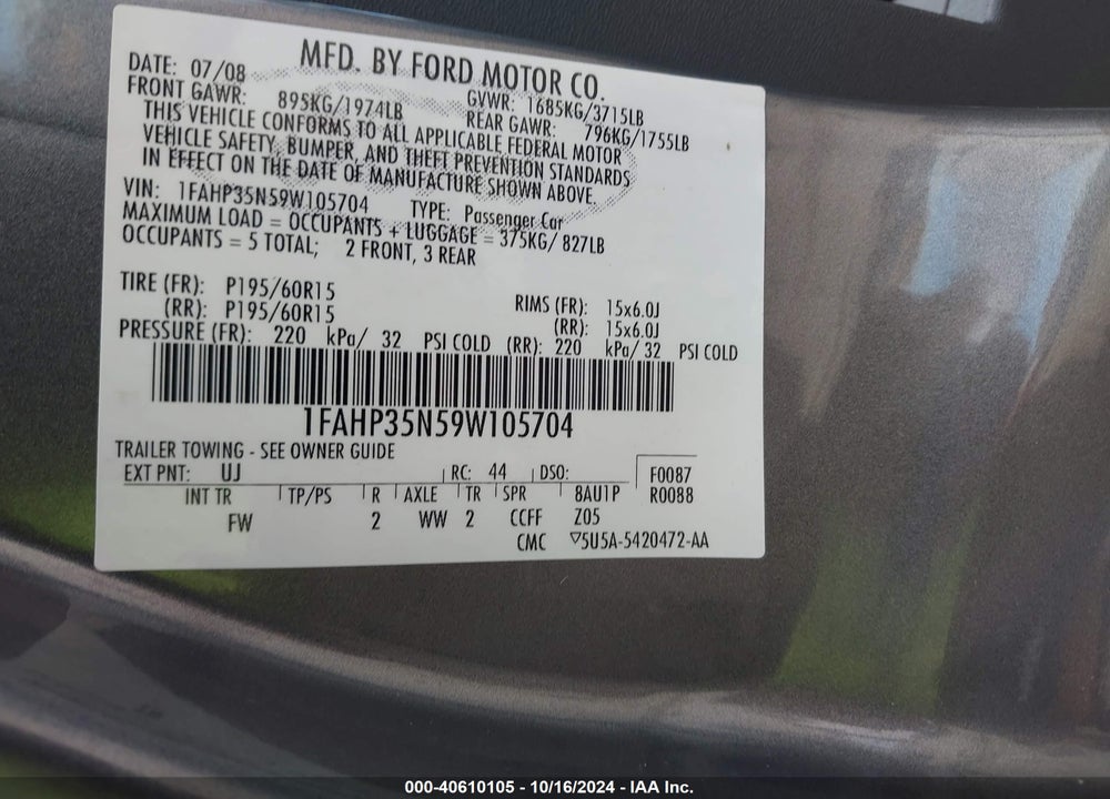 2009 FORD FOCUS SE VIN: 1FAHP35N59W105704