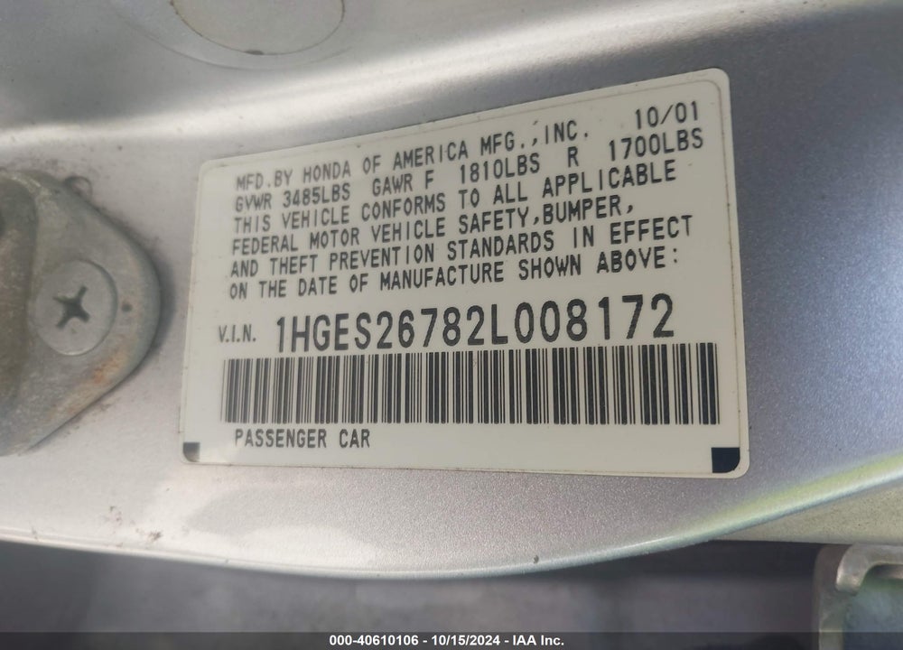 2002 HONDA CIVIC EX VIN: 1HGES26782L008172