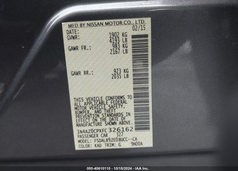 2015 NISSAN LEAF VIN: 1N4AZ0CPXFC326162