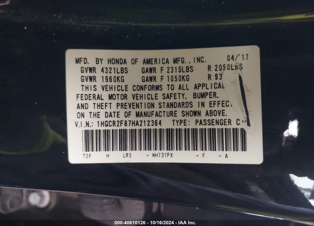 2017 HONDA ACCORD EX-L VIN: 1HGCR2F87HA212364