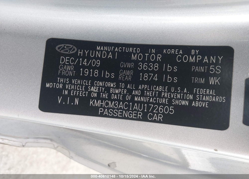 2010 HYUNDAI ACCENT GS VIN: KMHCM3AC1AU172605