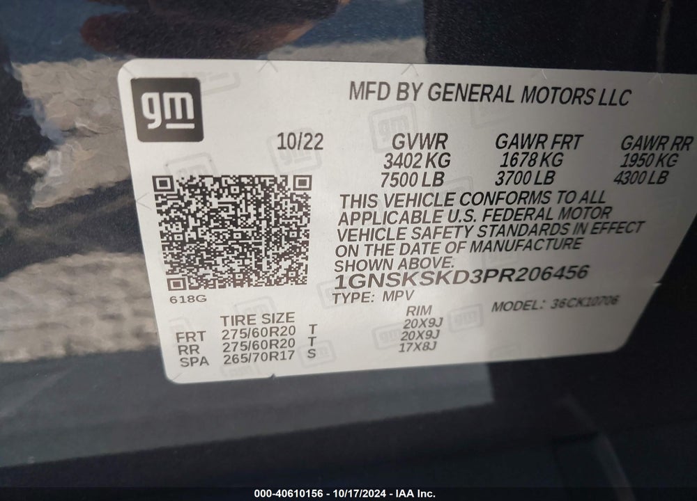 2023 CHEVROLET TAHOE 4WD PREMIER VIN: 1GNSKSKD3PR206456