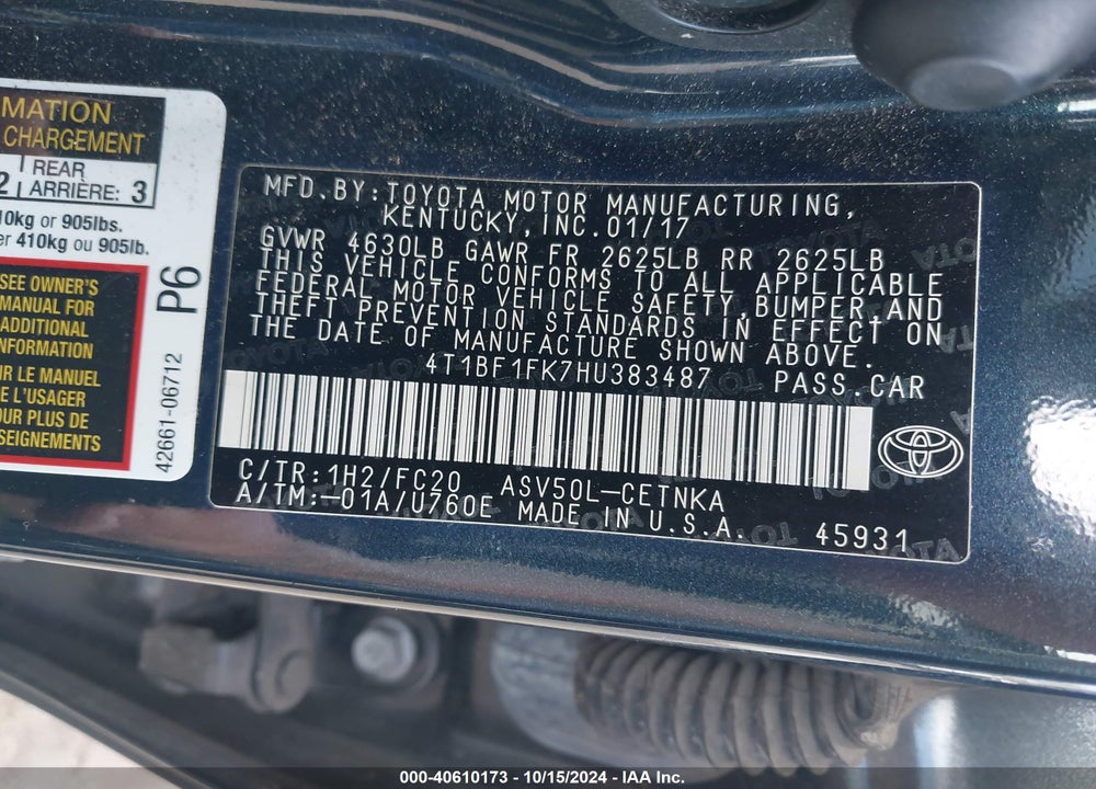 2017 TOYOTA CAMRY LE VIN: 4T1BF1FK7HU383487